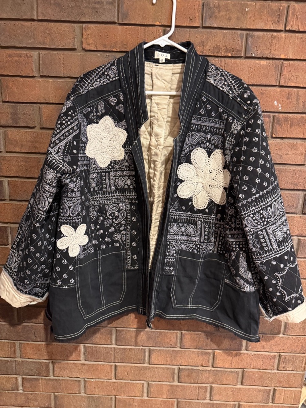 POL Black Bandana Patchwork Quilted Jacket with Cream Crochet Flowers small boho